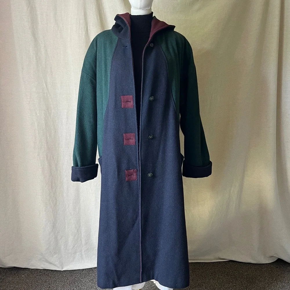 Braetan Color Block Hooded Wool Coat Womens 3X‎ 20W Green Navy Maxi Coat